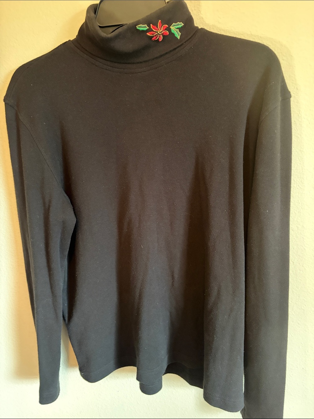 Bobbie Brooks Black Turtleneck Sweater with Red & Green Neck Embroidery